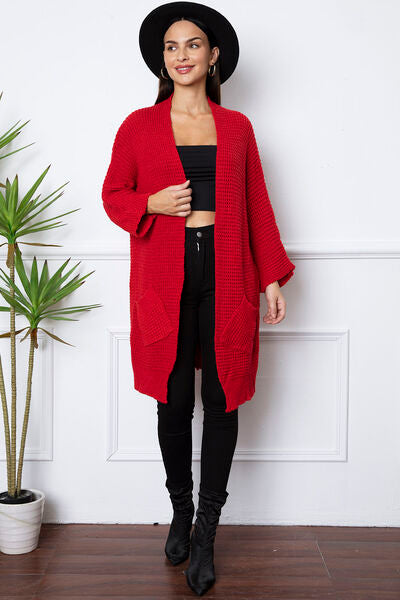 Open Front Long Sleeve Longline Cardigan with Pockets - Nicole Lee Apparel