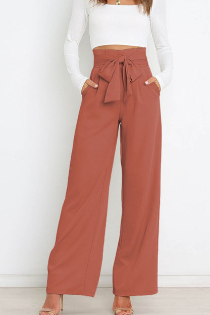 Tie Front Paperbag Wide Leg Pants - Nicole Lee Apparel