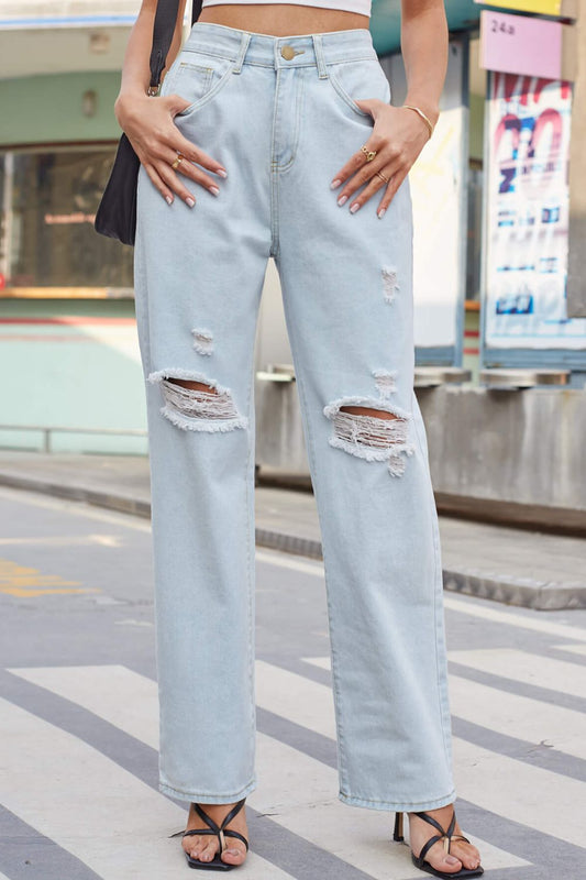Distressed Straight Leg Jeans with Pockets - Nicole Lee Apparel