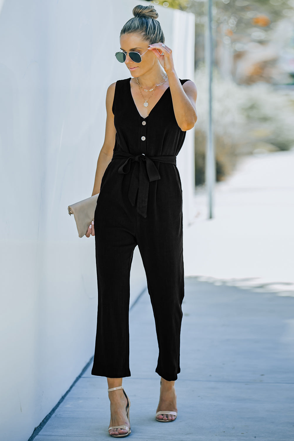 V-Neck Tie Waist Sleeveless Jumpsuit - Nicole Lee Apparel