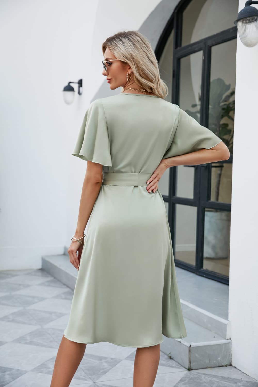 Tie Waist Flutter Sleeve Surplice Dress - Nicole Lee Apparel