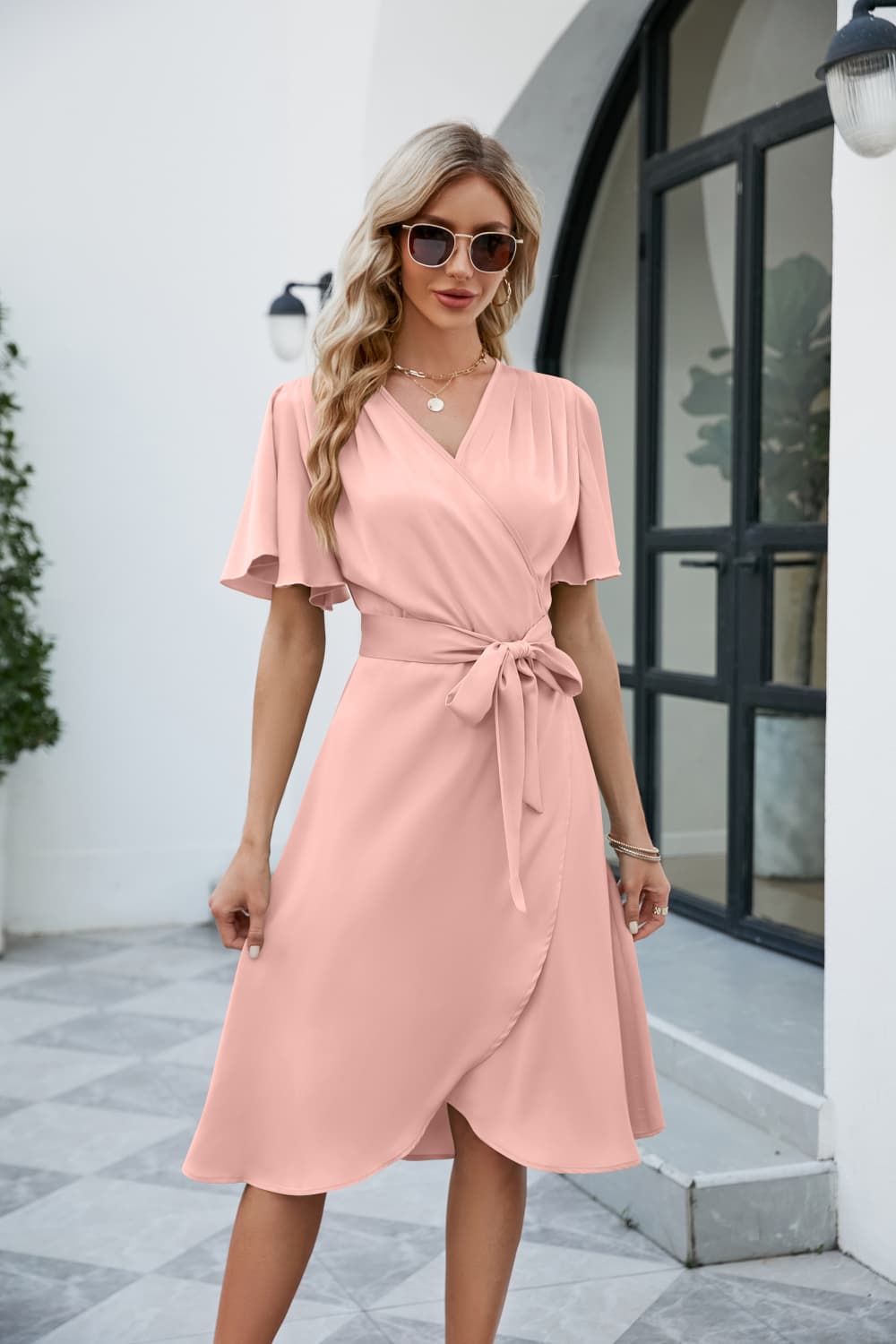 Tie Waist Flutter Sleeve Surplice Dress - Nicole Lee Apparel