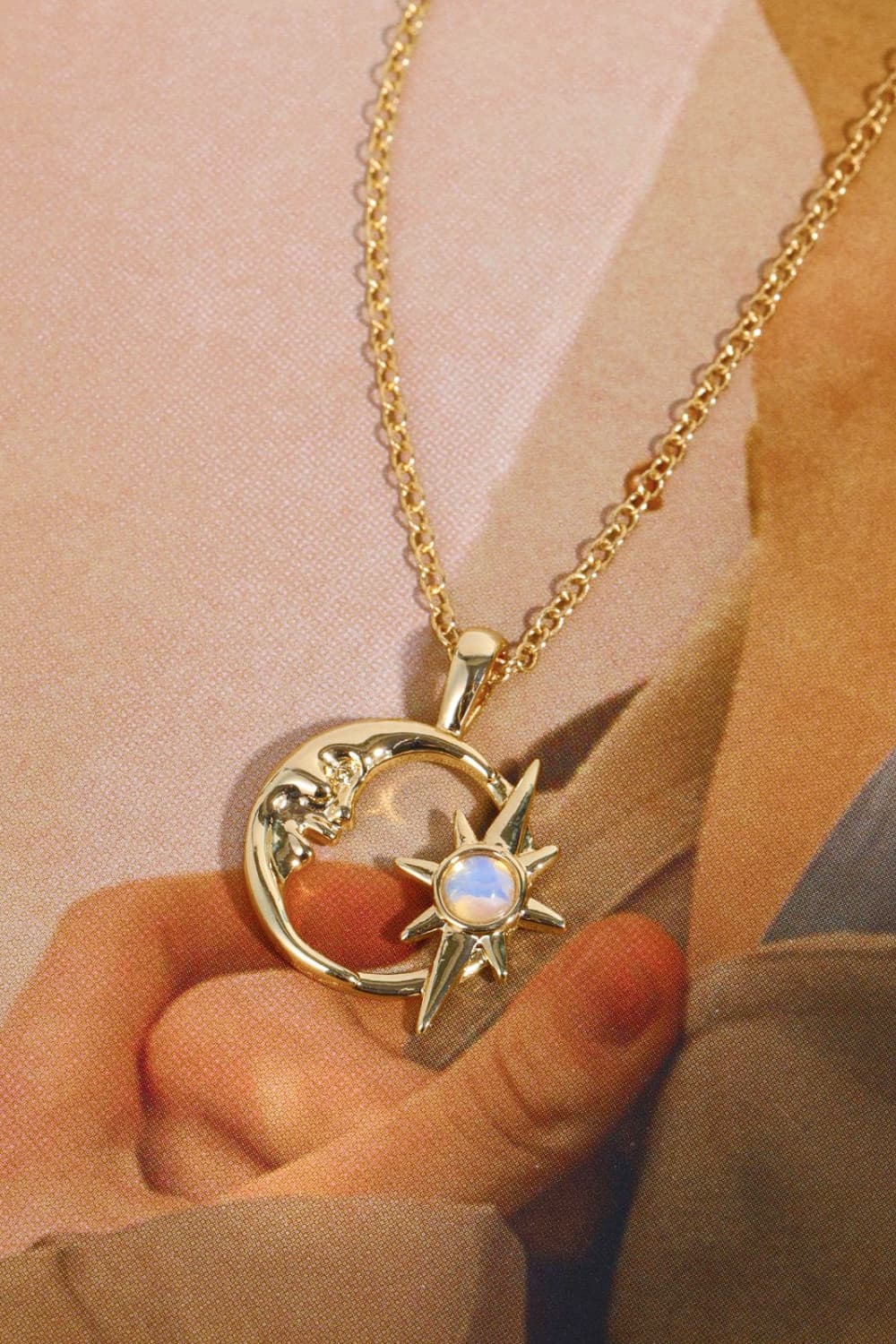 Copper 14K Gold Pleated Moon & Star Shape Pendant Necklace - Nicole Lee Apparel