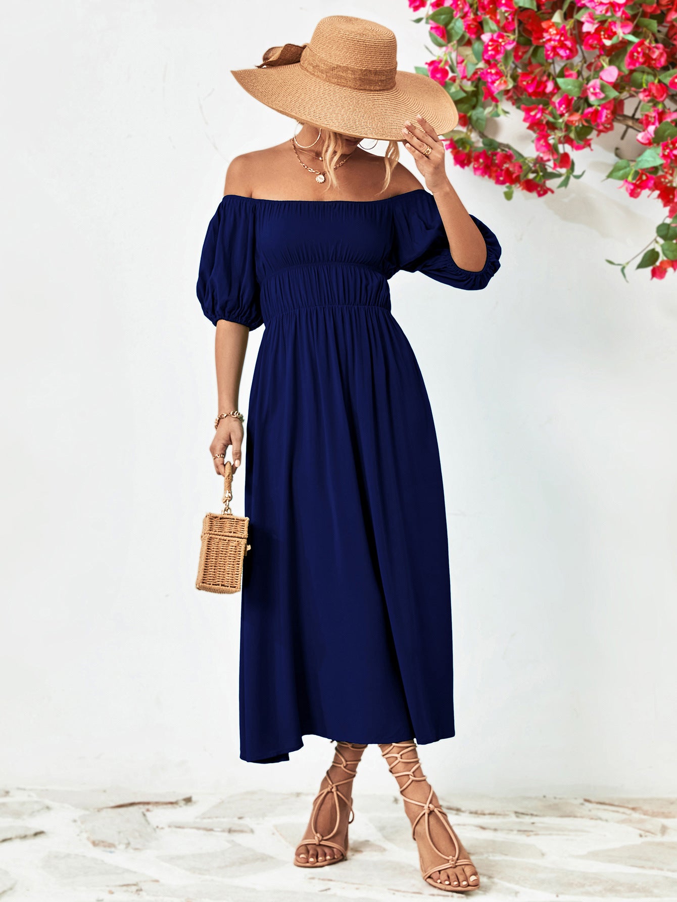 Off-Shoulder Balloon Sleeve Midi Dress - Nicole Lee Apparel