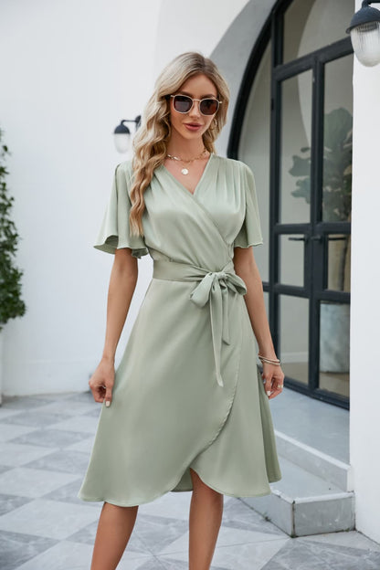 Tie Waist Flutter Sleeve Surplice Dress - Nicole Lee Apparel