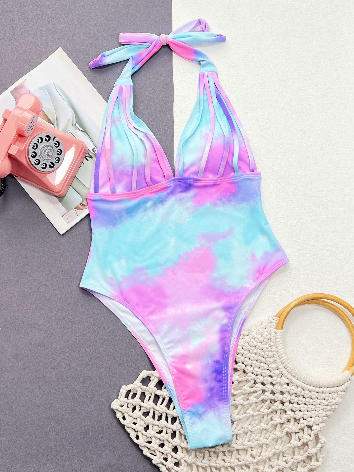 Tie-Dye Halter Neck One-Piece Swimsuit - Nicole Lee Apparel