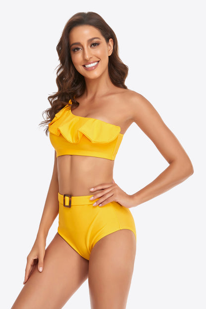 Ruffled One-Shoulder Buckled Bikini Set - Nicole Lee Apparel