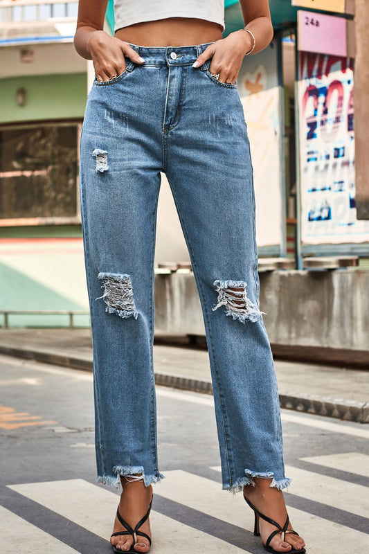 Distresssed Buttoned Loose Fit Jeans - Nicole Lee Apparel