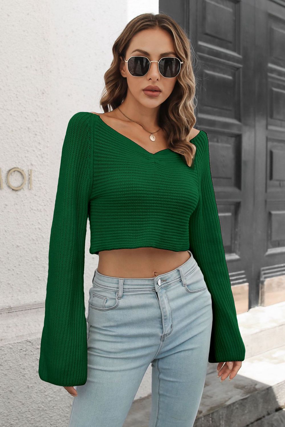 Cropped V-Neck Flare Sleeve Knit Top - Nicole Lee Apparel