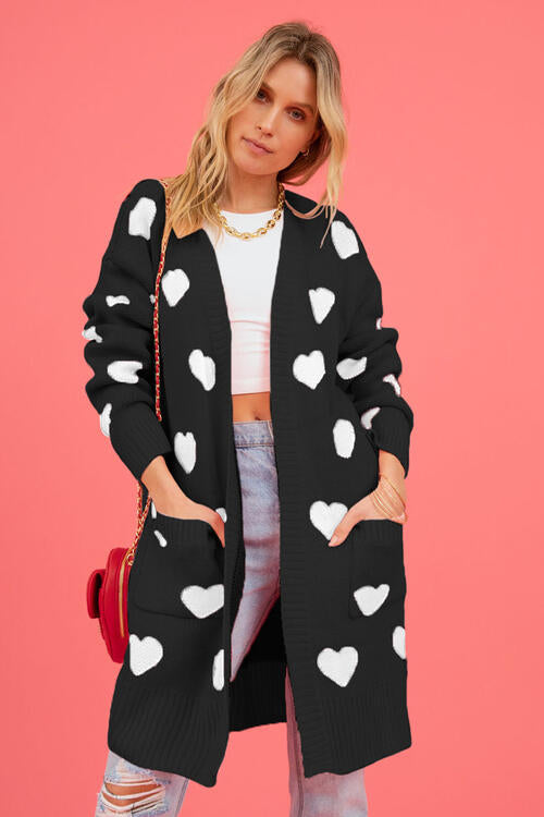 Heart Graphic Open Front Cardigan with Pockets - Nicole Lee Apparel