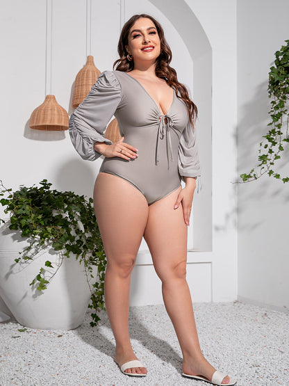 Plus Size Tied Deep V Balloon Sleeve One-Piece Swimsuit - Nicole Lee Apparel