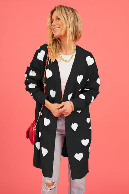 Heart Graphic Open Front Cardigan with Pockets - Nicole Lee Apparel