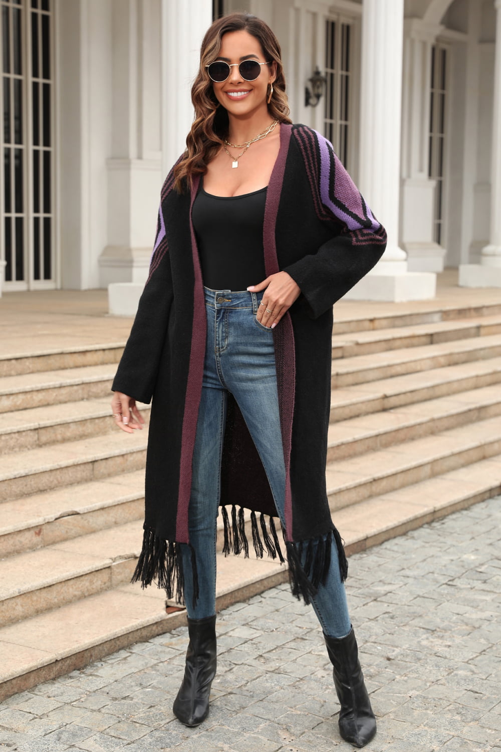 Geometric Fringe Hem Open Front Duster Cardigan - Nicole Lee Apparel