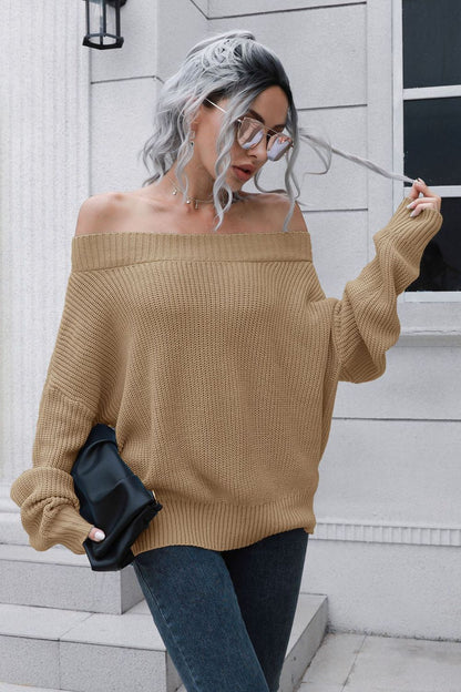 Off-Shoulder Ribbed Long Sleeve Pullover Sweater - Nicole Lee Apparel