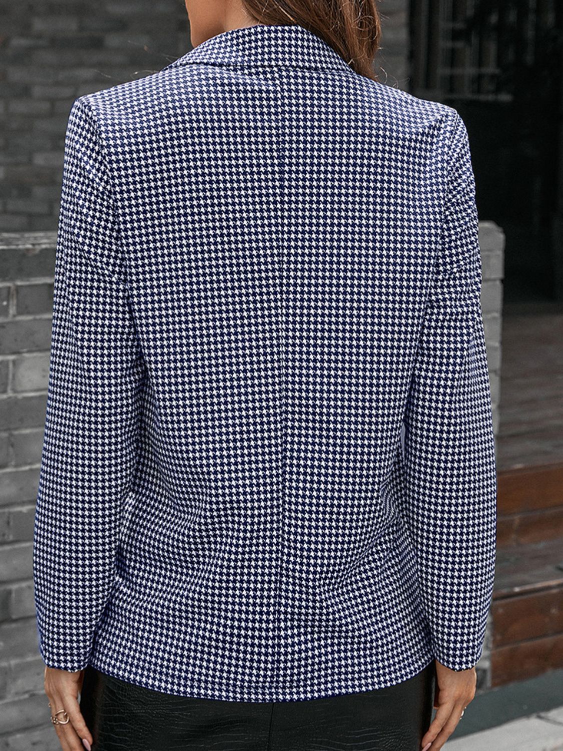 Houndstooth Lapel Collar Long Sleeve Blazer - Nicole Lee Apparel