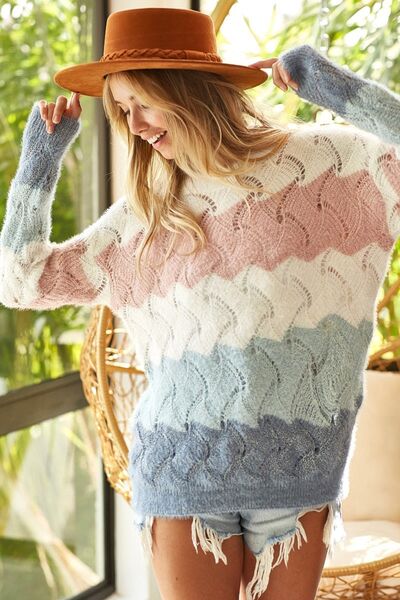 BiBi Color Block Openwork Long Sleeve Sweater - Nicole Lee Apparel