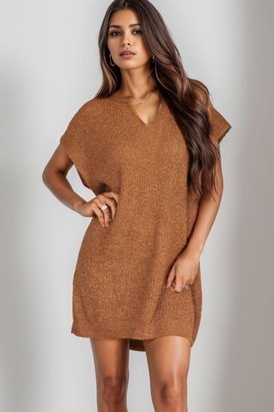 Notched Cap Sleeve Mini Sweater Dress - Nicole Lee Apparel