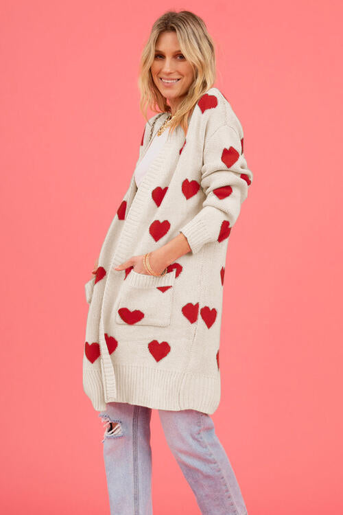 Heart Graphic Open Front Cardigan with Pockets - Nicole Lee Apparel