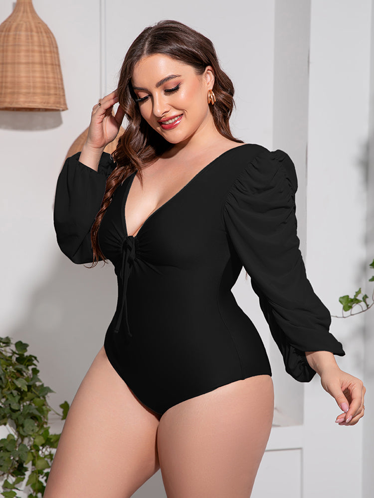 Plus Size Tied Deep V Balloon Sleeve One-Piece Swimsuit - Nicole Lee Apparel