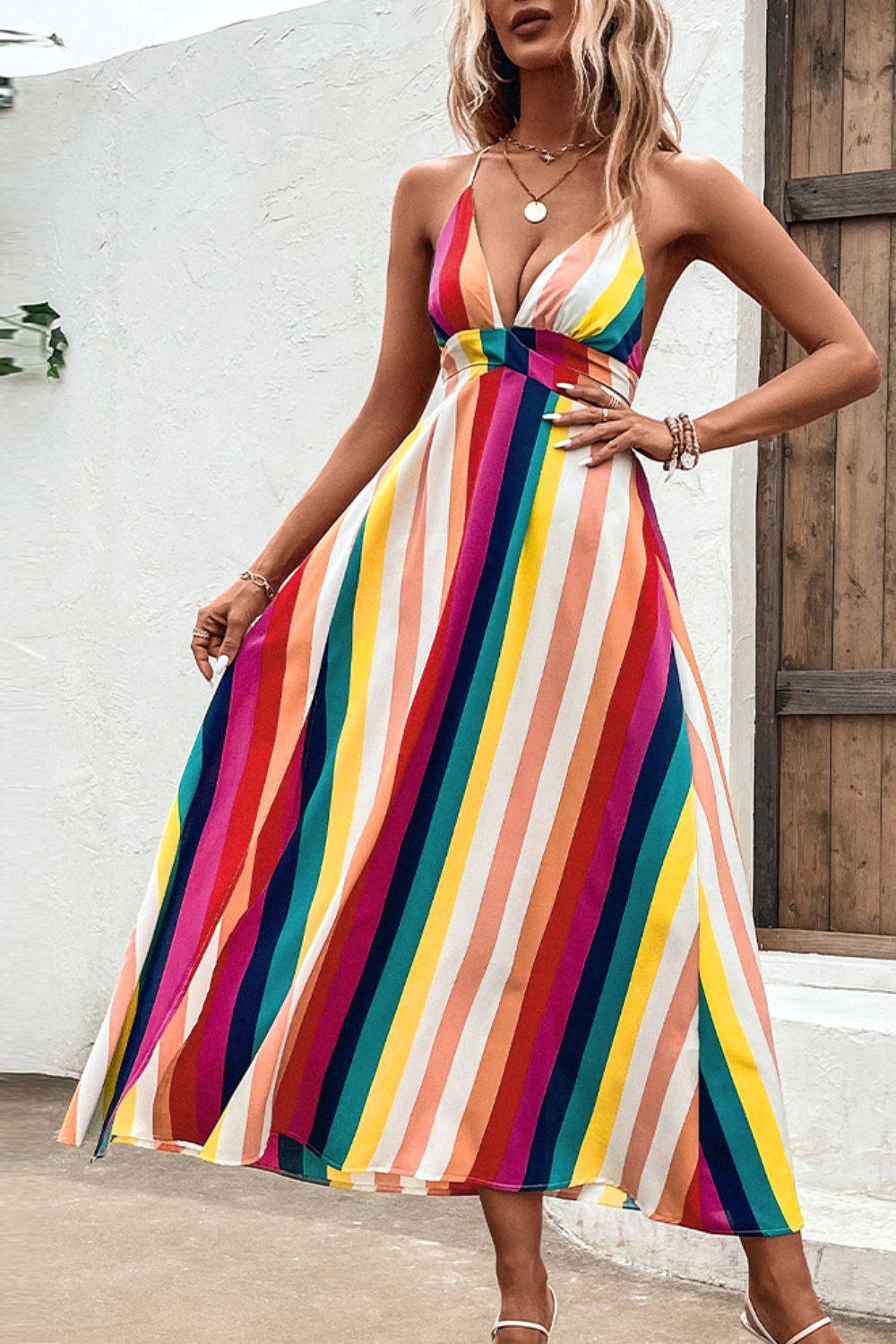 Multicolored Stripe Crisscross Backless Dress - Nicole Lee Apparel