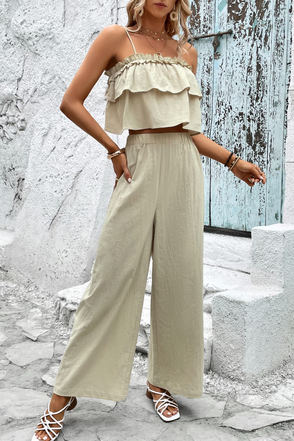 Frill Trim Cami and Wide Leg Pants Set - Nicole Lee Apparel