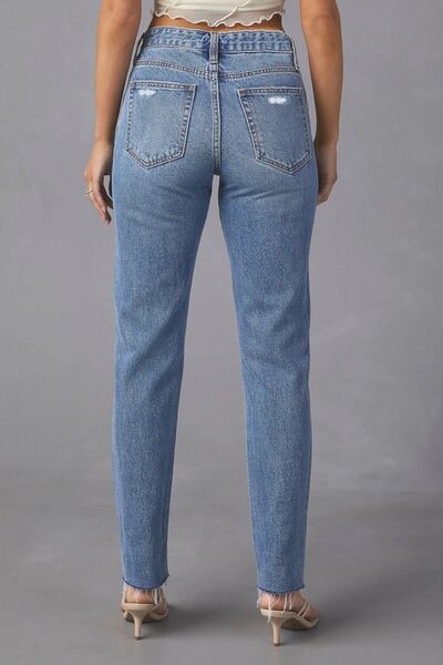 Distressed Raw Hem Straight Jeans with Pockets - Nicole Lee Apparel