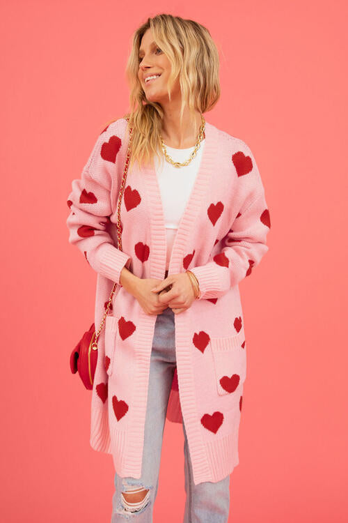 Heart Graphic Open Front Cardigan with Pockets - Nicole Lee Apparel