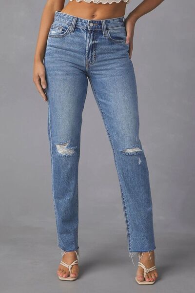 Distressed Raw Hem Straight Jeans with Pockets - Nicole Lee Apparel