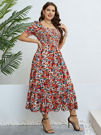 Plus Size Floral Smocked Square Neck Dress - Nicole Lee Apparel