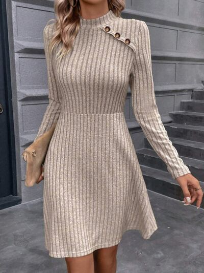Decorative Button Mock Neck Long Sleeve Sweater Dress - Nicole Lee Apparel