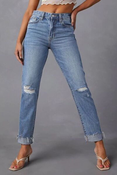 Distressed Raw Hem Straight Jeans with Pockets - Nicole Lee Apparel
