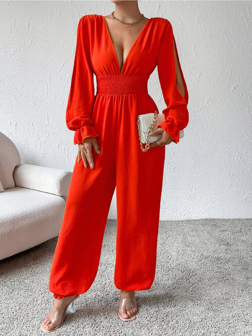 Plunge Smocked Flounce Sleeve Jumpsuit - Nicole Lee Apparel