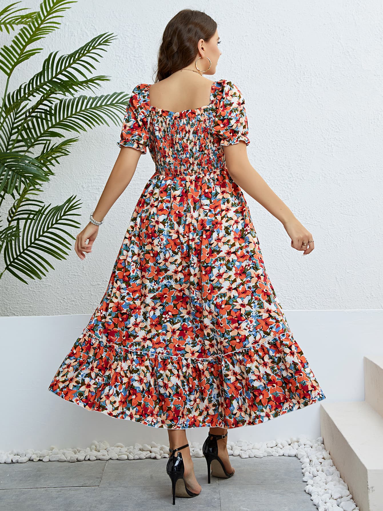 Plus Size Floral Smocked Square Neck Dress - Nicole Lee Apparel