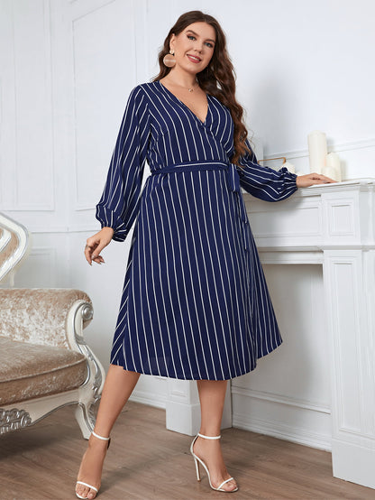 Plus Size Striped Surplice Neck Long Sleeve Dress - Nicole Lee Apparel