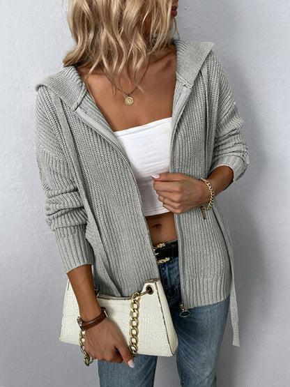 Zip-Up Drawstring Detail Hooded Cardigan - Nicole Lee Apparel