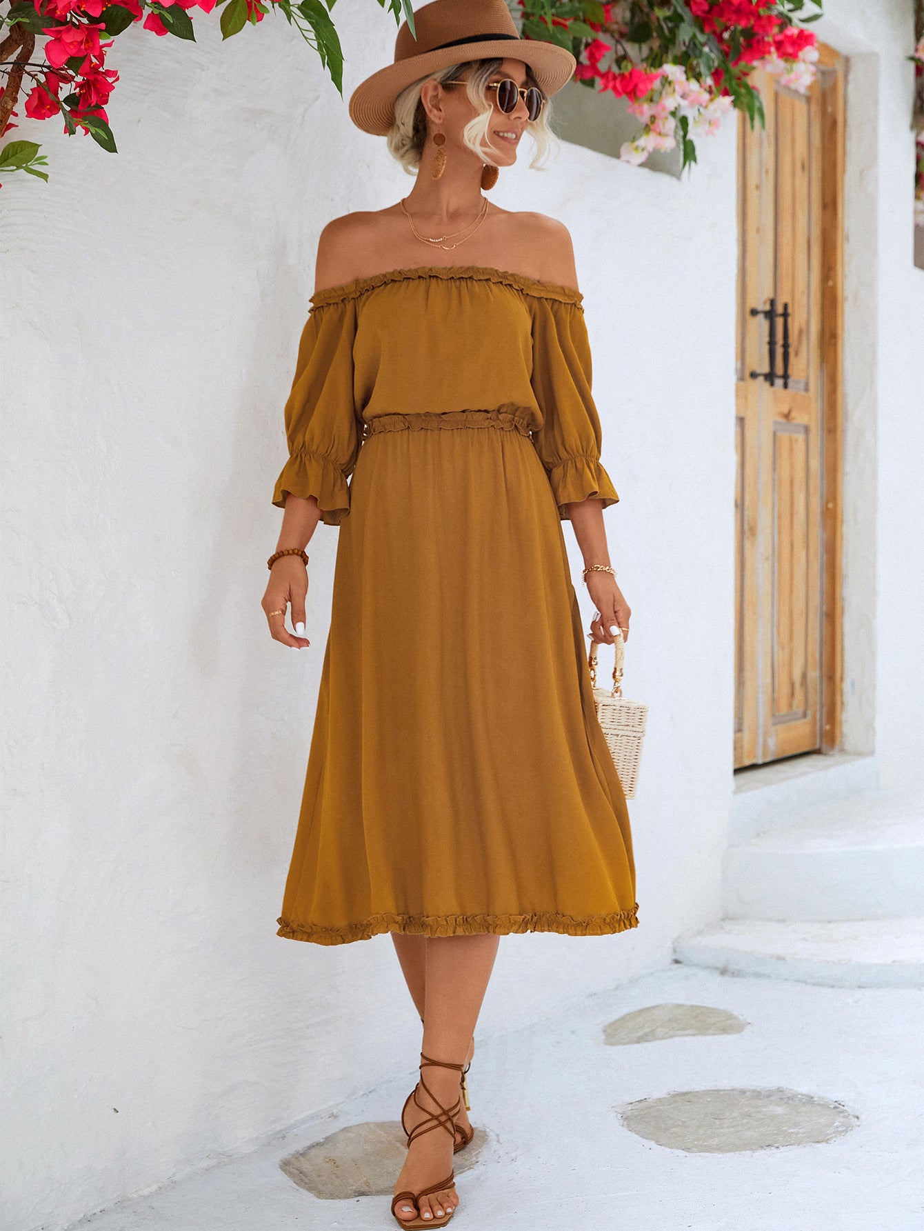 Frilled Off-Shoulder Flounce Sleeve Dress - Nicole Lee Apparel