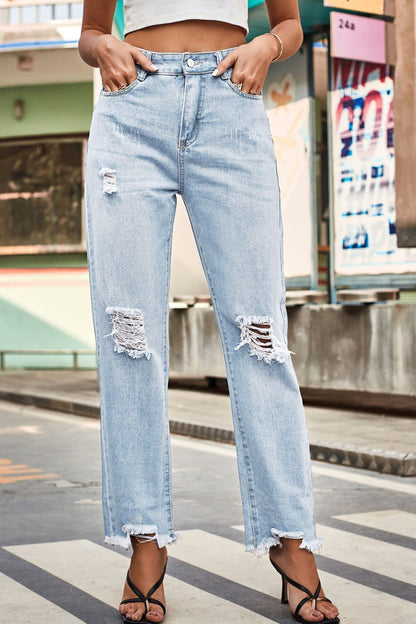 Distresssed Buttoned Loose Fit Jeans - Nicole Lee Apparel