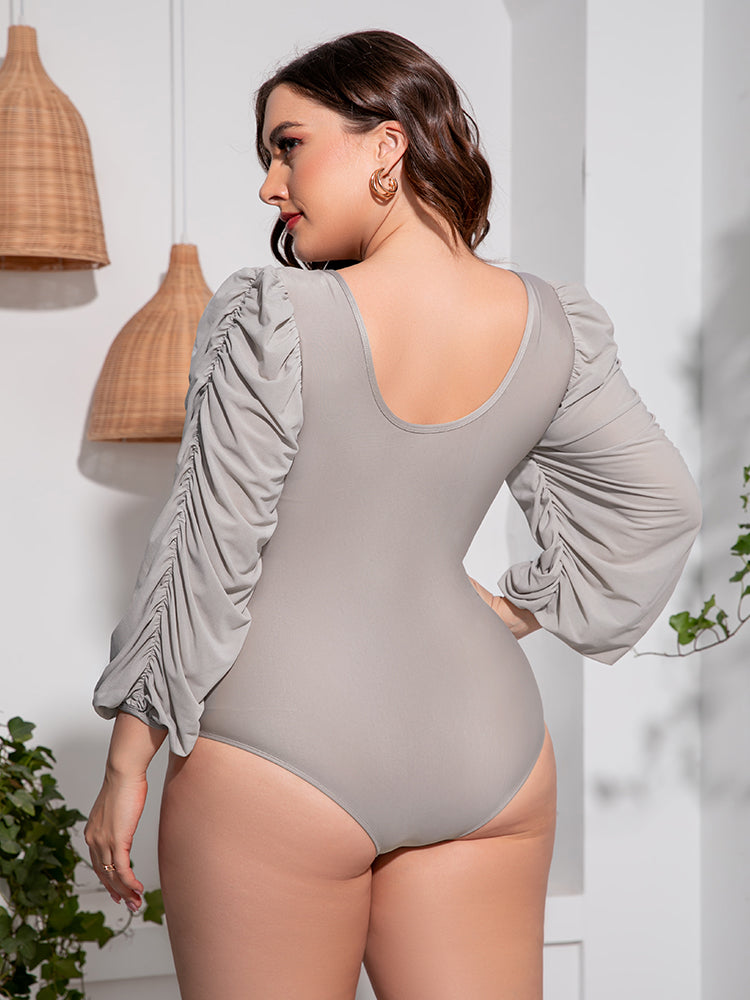 Plus Size Tied Deep V Balloon Sleeve One-Piece Swimsuit - Nicole Lee Apparel