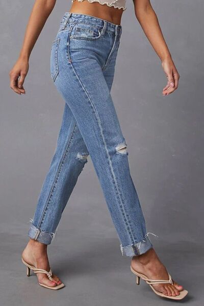 Distressed Raw Hem Straight Jeans with Pockets - Nicole Lee Apparel