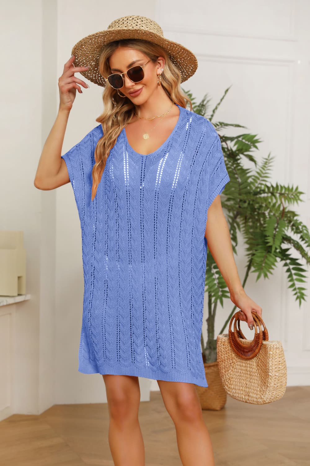 Openwork Side Slit Knit Dress - Nicole Lee Apparel