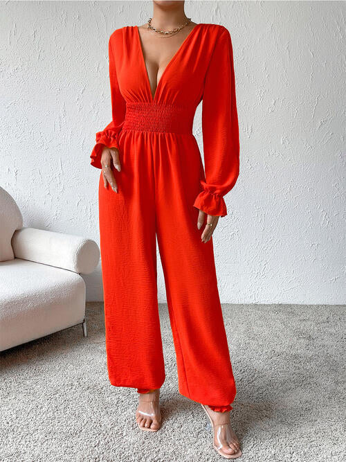 Plunge Smocked Flounce Sleeve Jumpsuit - Nicole Lee Apparel