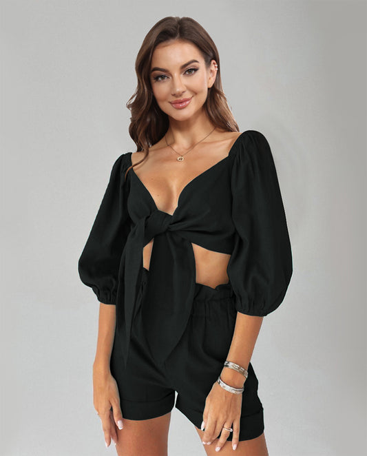 Cutout Puff Sleeve Top and Shorts Set - Nicole Lee Apparel
