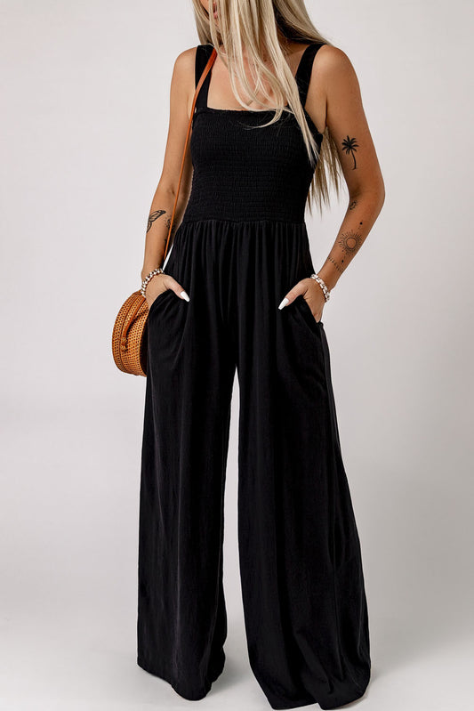 Smocked Square Neck Wide Leg Jumpsuit with Pockets - Nicole Lee Apparel