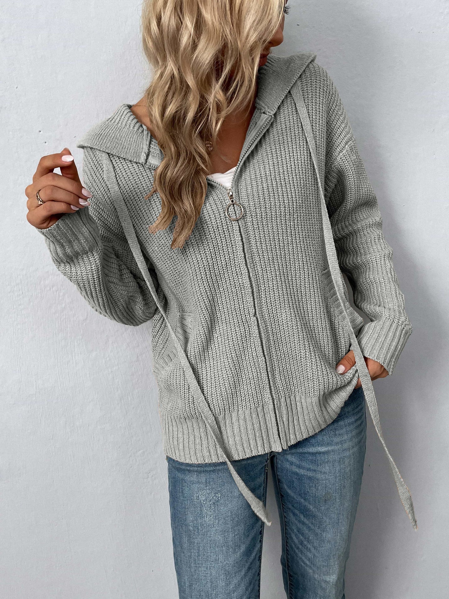 Zip-Up Drawstring Detail Hooded Cardigan - Nicole Lee Apparel