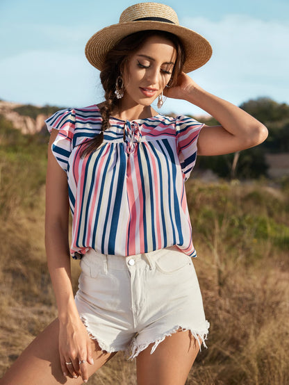 Striped Flutter Sleeve Tied Blouse - Nicole Lee Apparel