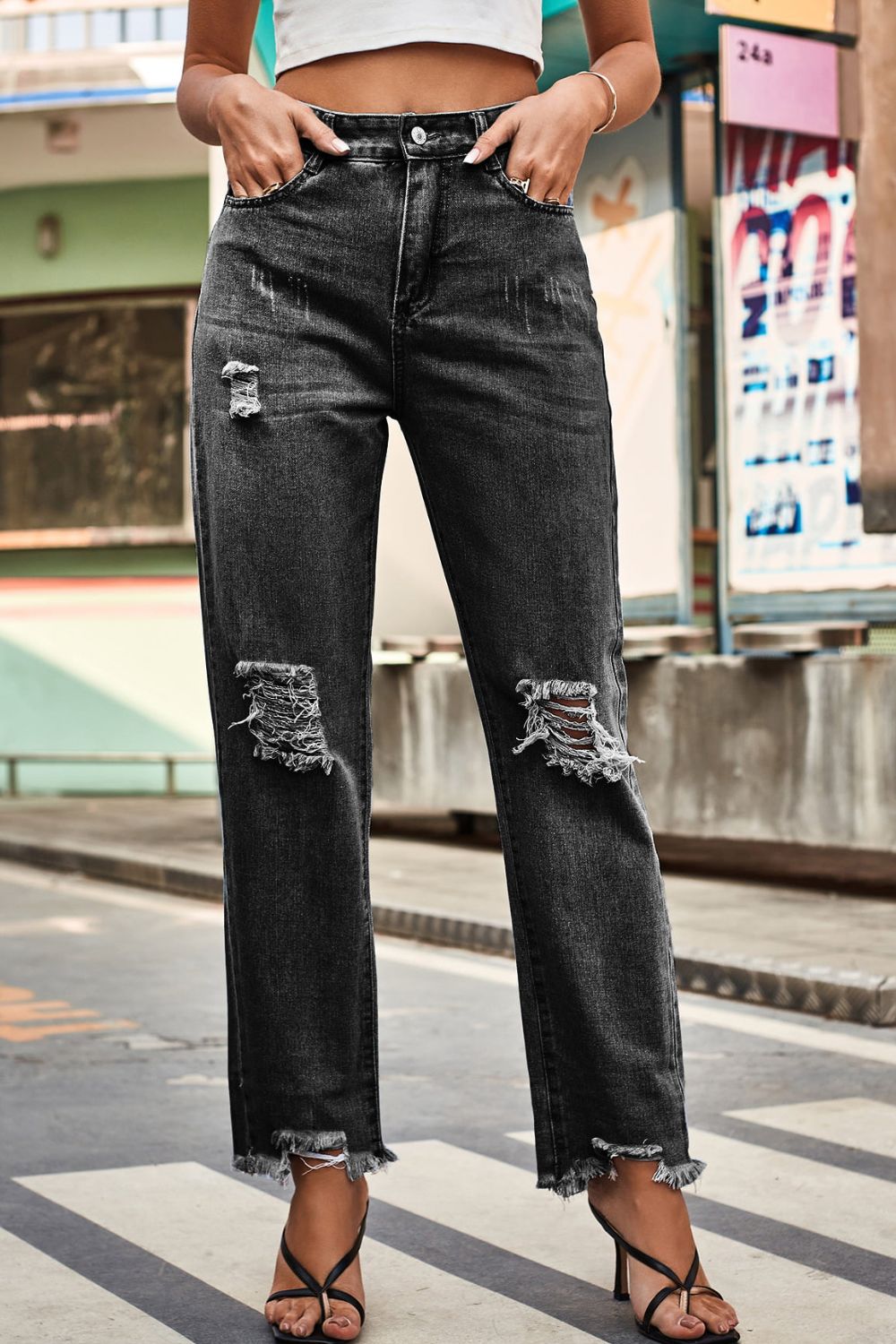 Distresssed Buttoned Loose Fit Jeans - Nicole Lee Apparel