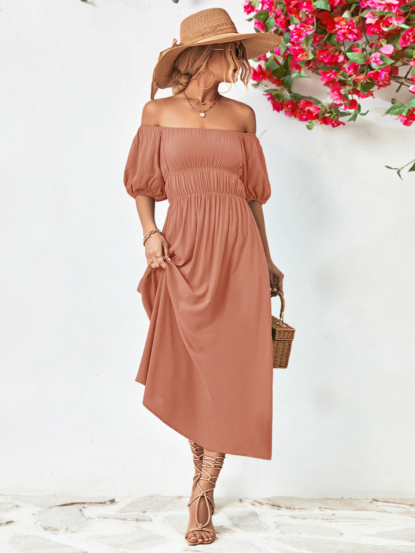 Off-Shoulder Balloon Sleeve Midi Dress - Nicole Lee Apparel