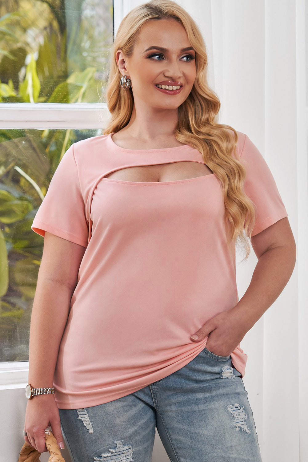 Plus Size Cutout Round Neck Short Sleeve Tee - Nicole Lee Apparel