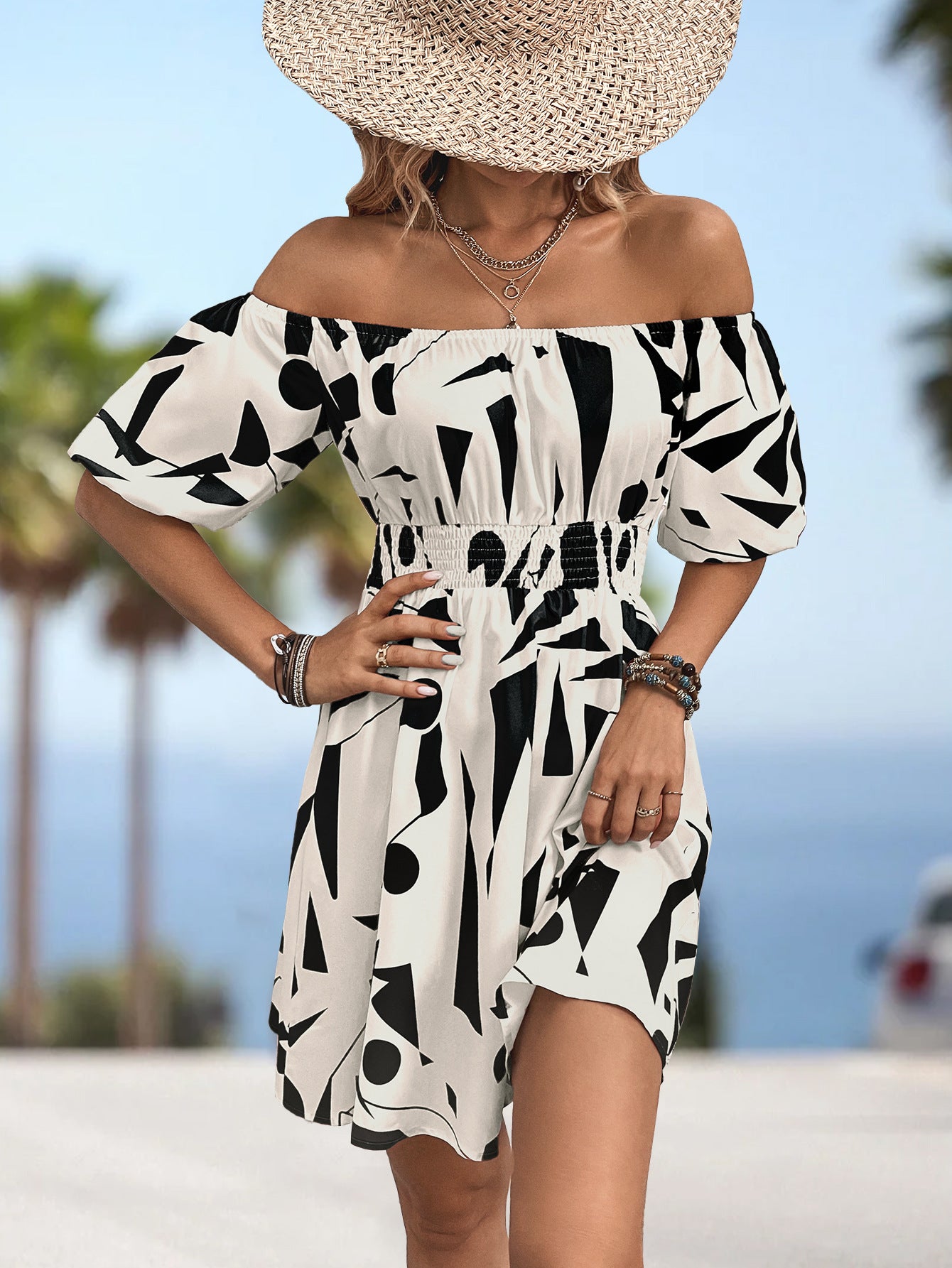 Printed Off-Shoulder Smocked Waist Dress - Nicole Lee Apparel