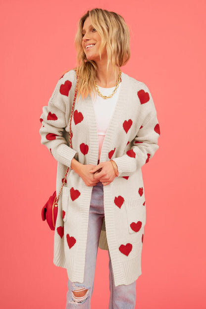 Heart Graphic Open Front Cardigan with Pockets - Nicole Lee Apparel